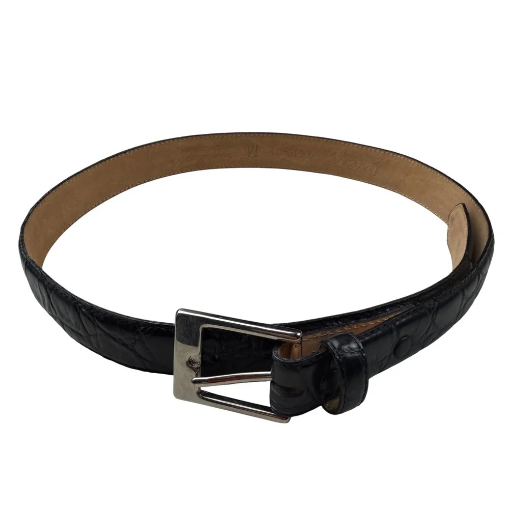 WCM New York‎ womens Black Crocodile Embossed Leather Belt Solid Brass Buckle